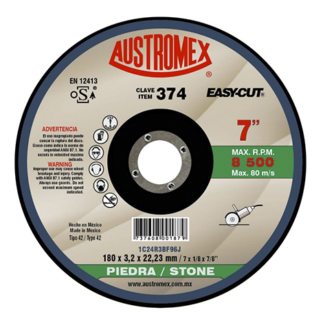 DISCO T-27 CORTE Y DESBASTE 7" X 3/32" X 7/8" 1C24 PIEDRA