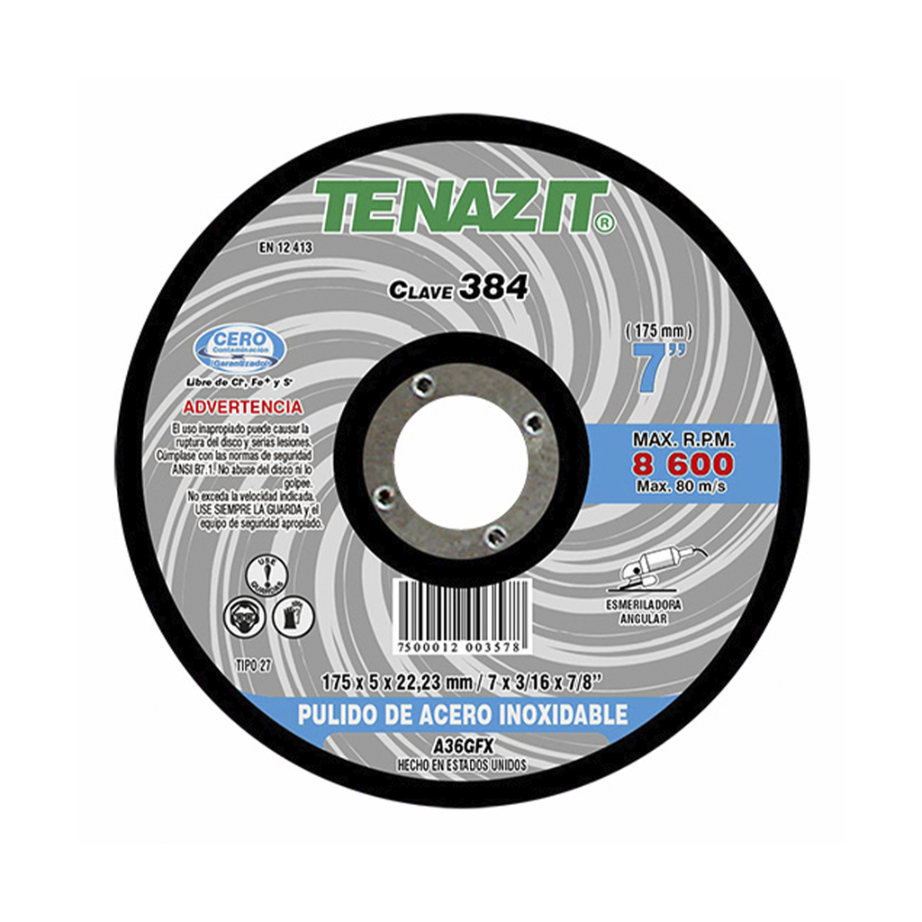 DISCO T-27 DESBASTE 7 X 3/16 X 7/8 A36 PULIDO AC. INOX.