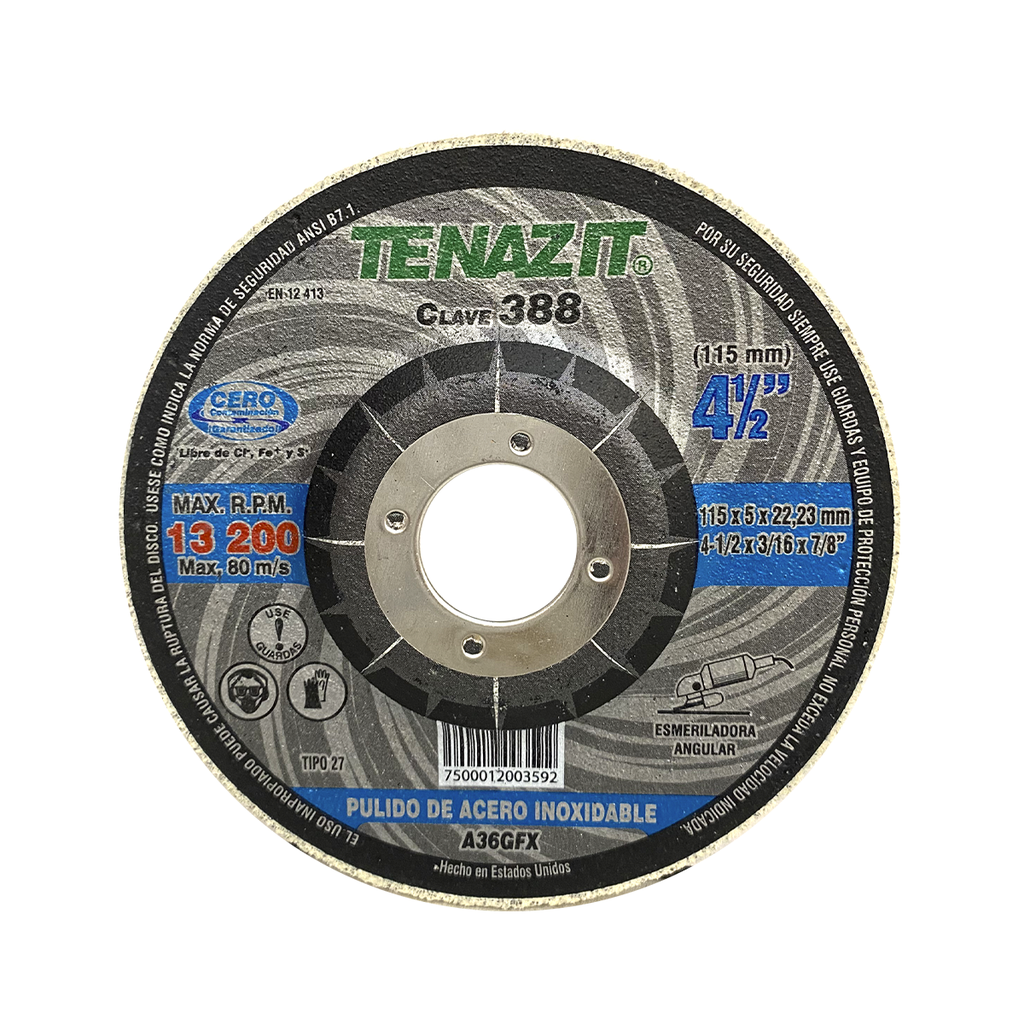 DISCO T27 DESBASTE 4 1/2 X 3/16 X 7/8 A36 PULIDO ACERO INOXIDABLE 