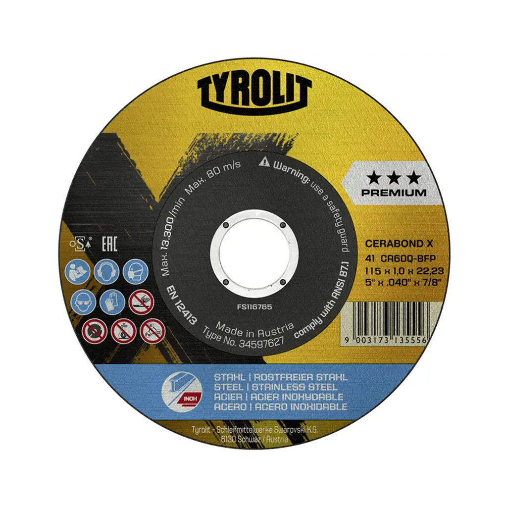 DISCO DE CORTE T-41 DE 4-1/2" X 0.04" X 7/8" TYROLIT