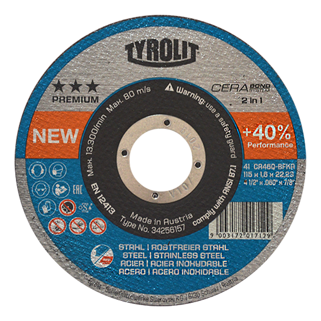 DISCO CORTE  4-1/2" X .060" X 7/8" T41 AC/INOX. TYROLIT