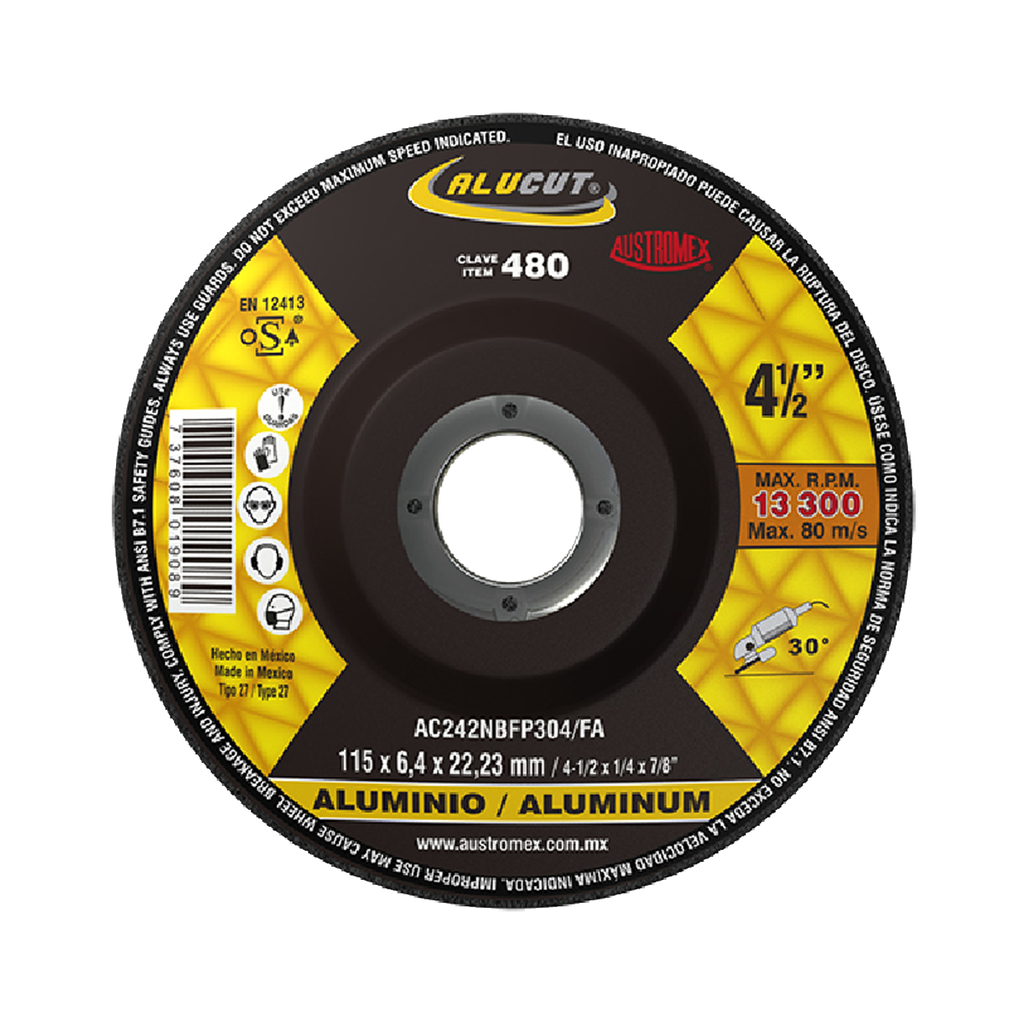 DISCO DESBASTE T27 4 1/2 X 1/4 X 7/8 ALUMINIO ALUCUT