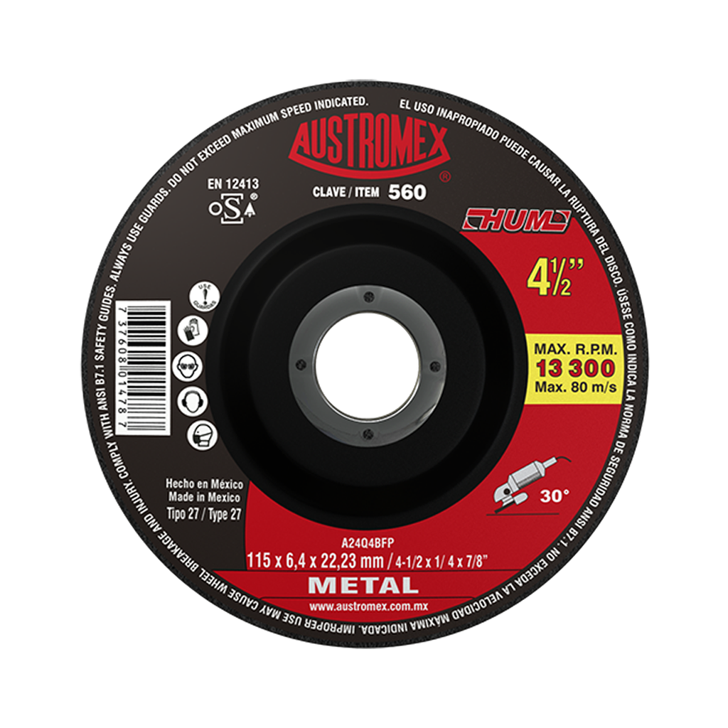 DISCO T-27 DESBASTE 4-1/2" X 1/4" X 7/8" A36 METAL