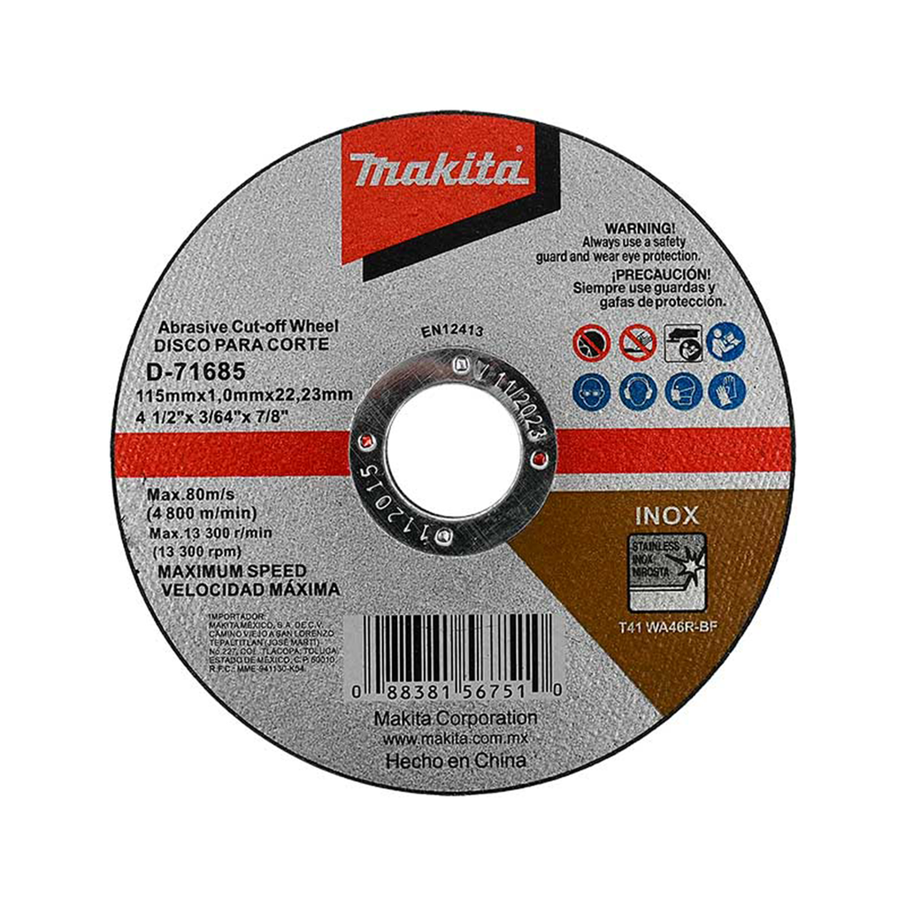 DISCO DE CORTE 4-1/2" X 1.00MM X 7/8" ACERO INOXIDABLE