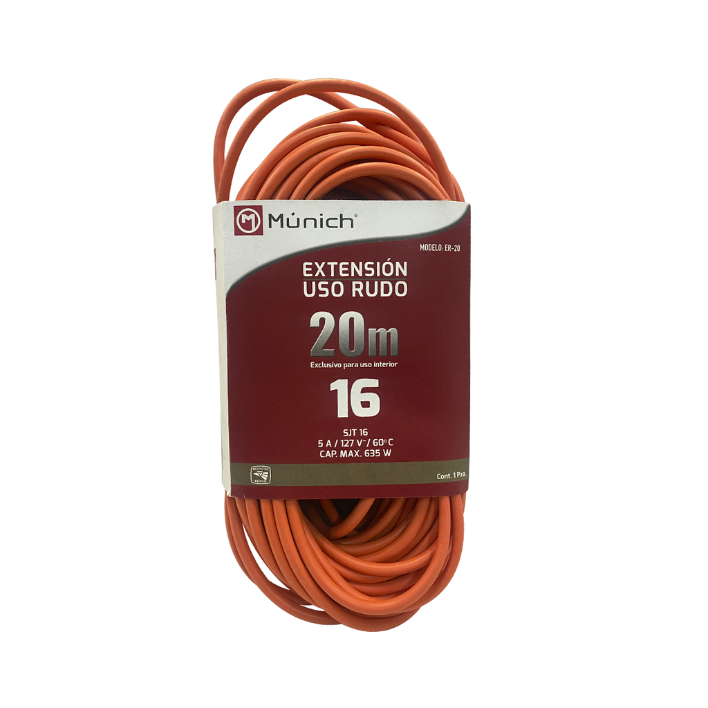 EXTENSION ELECTRICA USO RUDO 20M, PARA 3 CLAVIJAS NARANJA