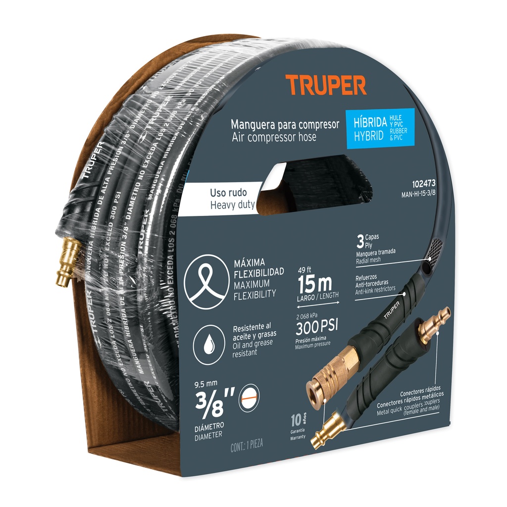 [TRUMANHI-15-3/8] MANGUERA DE PVC Y HULE 3/8" X 15MTS. PARA COMPRESOR (102473)