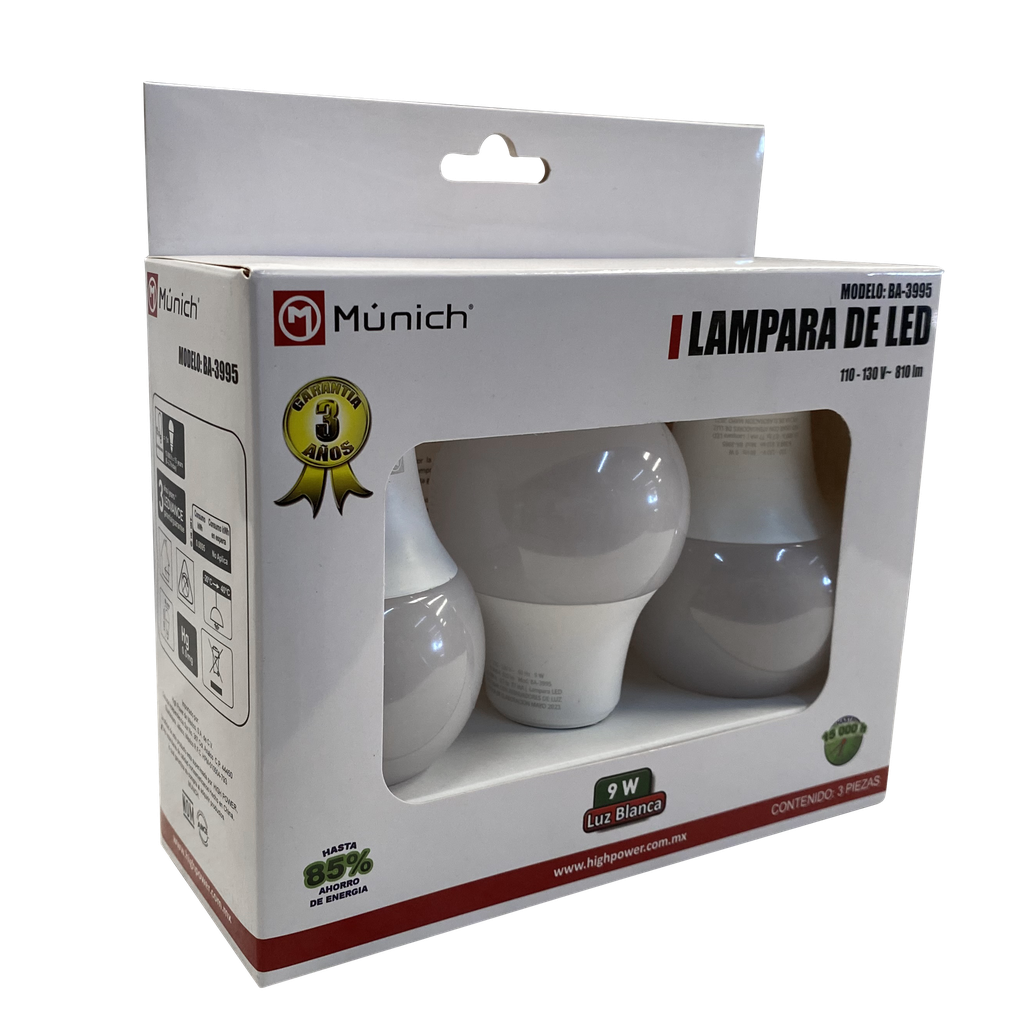 FOCO LED 9W 110-130V LUZ BLANCA CONSUMO 6W PAQ. 3 PZAS