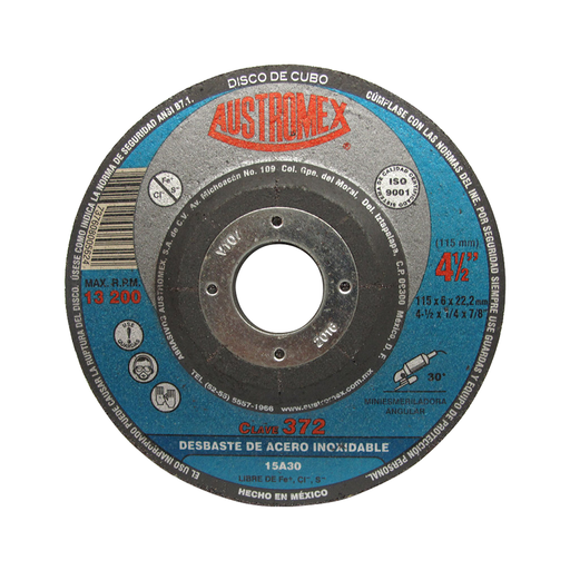 [AUS372] DISCO T-27 DESBASTE 4 1/2X1/4X7/8 15A30 AC. INOX.