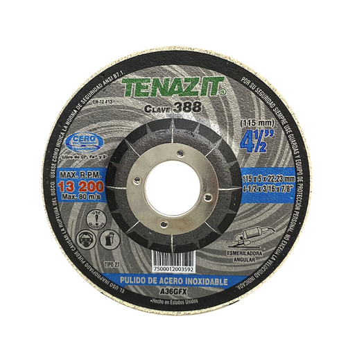 [AUS388] DISCO T27 DESBASTE 4 1/2 X 3/16 X 7/8 A36 PULIDO ACERO INOXIDABLE 