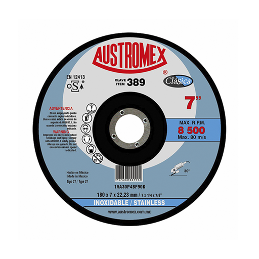 [AUS389]  DISCO DESBASTE T27 7 X 1/4 X 7/8 ACERO INOXIDABLE  CLASICA
