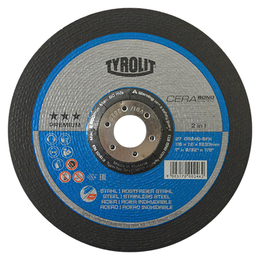 [AUS4222] DISCO DE DESBASTE T-27 DE 7" X 9/32" X 7/8" AC/INOX. TYROLIT