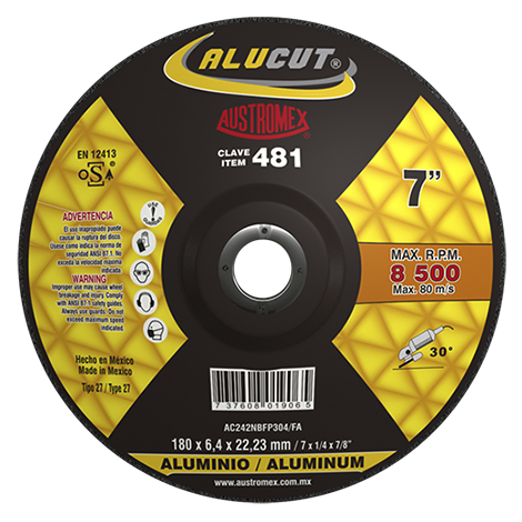 [AUS481] DISCO T-27 DESBASTE 7" X 1/4" X 7/8" P/ALUMINIO