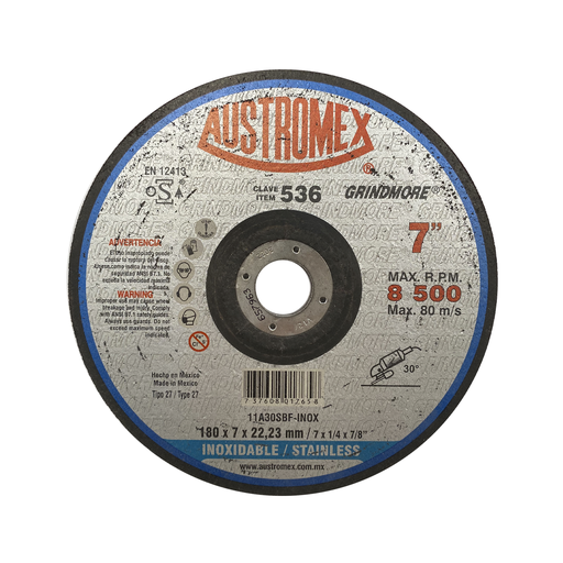 [AUS536]  DISCO DESBASTE T27 7 X 1/4X 7/8 ACERO INOXIDABLE  GRINDMORE