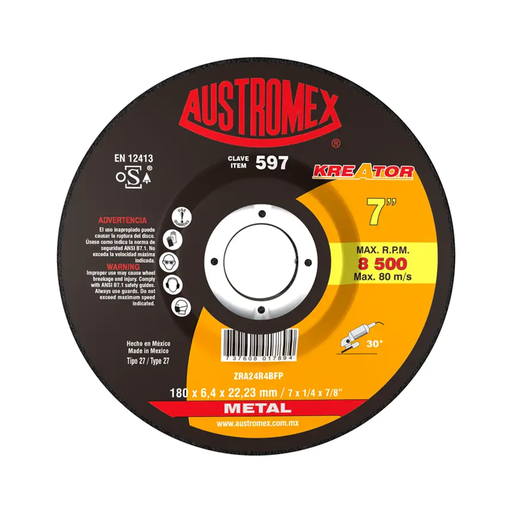 [AUS597] DISCO DE DESBASTE T-27 DE 7" X 1/4" X 7/8" AC. KREATOR