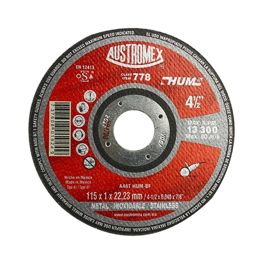 [AUS778]  DISCO CORTE T41 4 1/2 X 040 X 7/8 ACERO INOXIDABLE  HUM