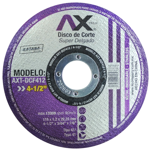 [AXT-DCF412]  DISCO CORTE T41 4 1/2 X 3/64 X 7/8 ACERO INOXIDABLE 
