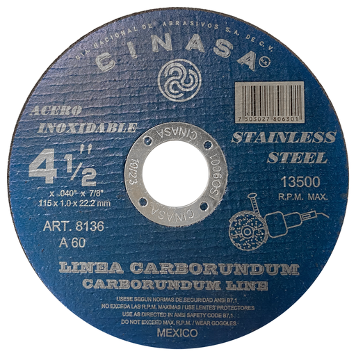 [CIN8136] DISCO DE CORTE T-1 115X1X22.2 ACERO INOXIDABLE