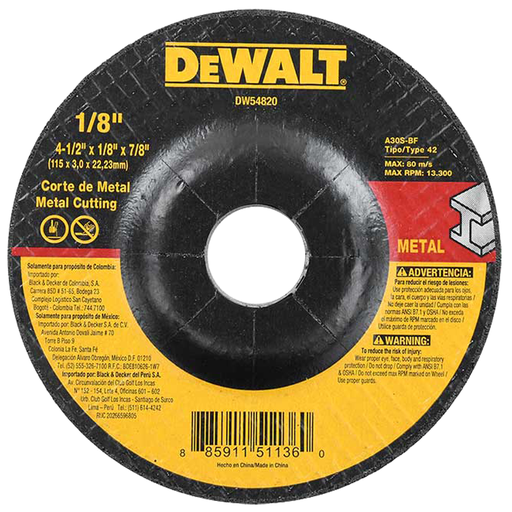 [DEW54820] DISCO DE CORTE/DESBASTE T-27 DE 4-1/2" X 1/8 X 7/8" A24 A.C