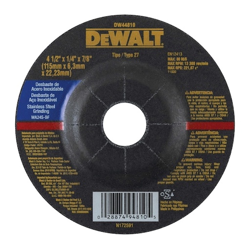[DEWDW44810] DISCO DE DESBASTE 4-1/2" X 1/4" X 7/8" P/ACERO INOXIDABLE
