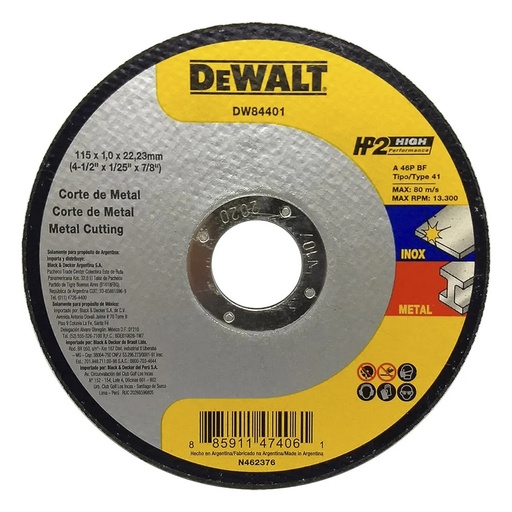 [DEWDW84401] DISCO DE CORTE DE 4-1/2" X 1.5MM X 7/8" A./C. - INOX
