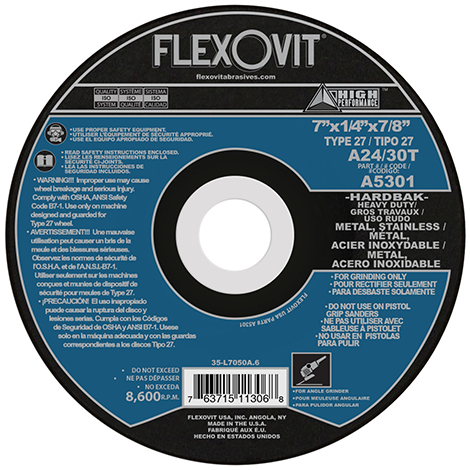 [FLEA5301]  DISCO DESBASTE T27 7 X 1/4 X 7/8 ACERO INOXIDABLE 