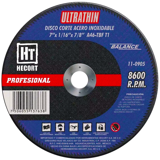 [HEC110905]  DISCO CORTE T41 7 X 1/16 X 7/8 ACERO INOXIDABLE  BALANCE