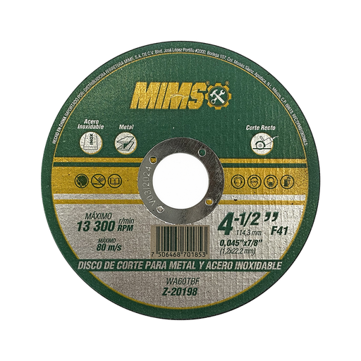 [MIMZ-20198] DISCO CORTE P/INOX Y METAL 4-1/2""x0.045""(1.4)x7/8""F4 MIMS