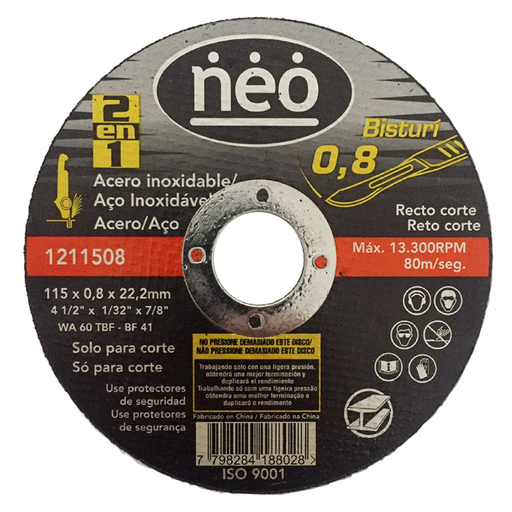 [NEO1211508] DISCO DE CORTE DE 4-1/2" X 1/32" X 7/8" INOX