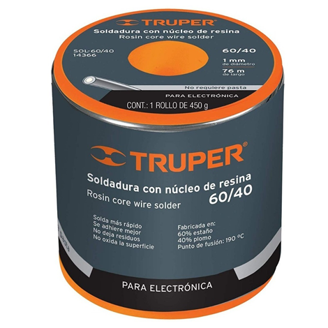 [TRUSOL-60-40] SOLDADURA CON NUCLEO RESINA 60/40 P/ELECTRONICA 450G (14366)