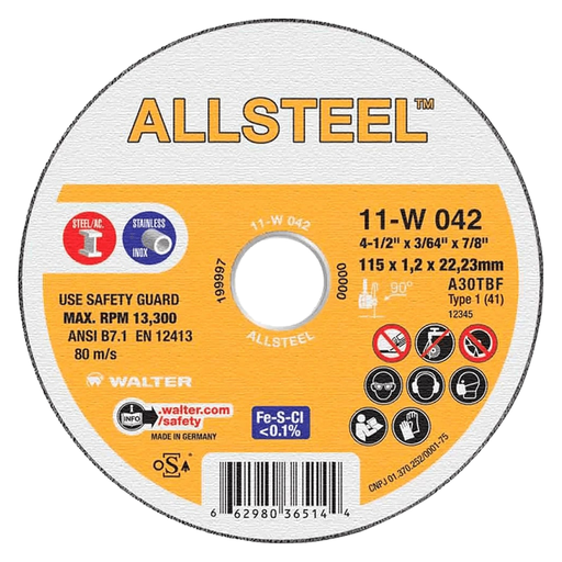 [WAL11W042] DISCO DE CORTE 4-1/2"X3/64"X7/8" 13300RPM ALLSTELL AC/INOX
