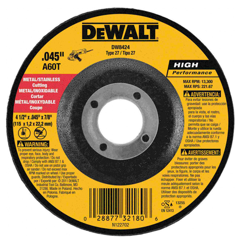 [DEW8424] DISCO T-27 DE CORTE DE 4-1/2" X .045" X 7/8" INOXIDABLE