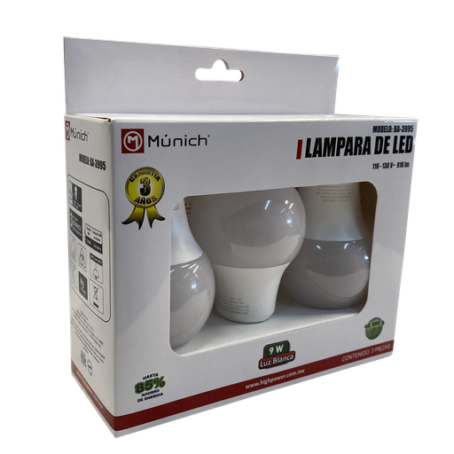 [MUIBA-3995] FOCO LED 9W 110-130V LUZ BLANCA CONSUMO 6W PAQ. 3 PZAS